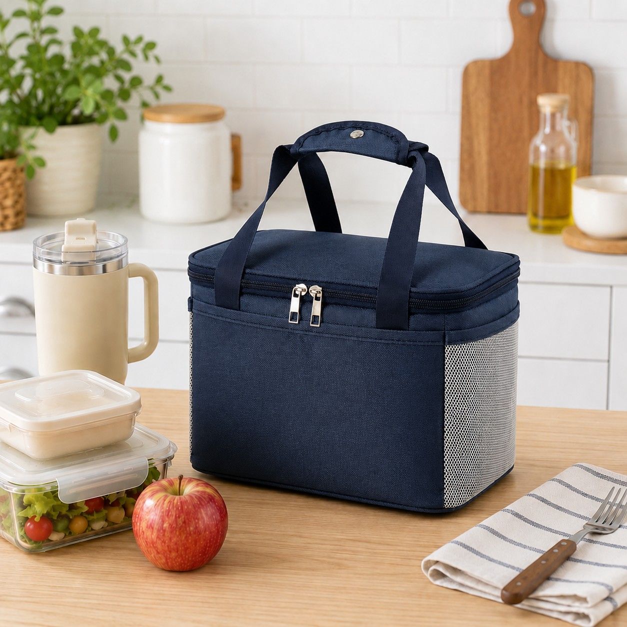 Insulated Lunch Tote Bag with Front Pocket Mesh Side Pockets and Dual Zipper