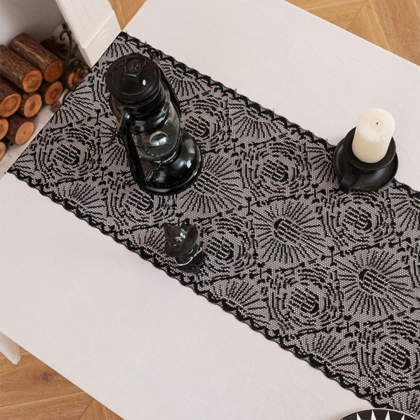 Halloween Black Lace Skull Cutout Table Runner