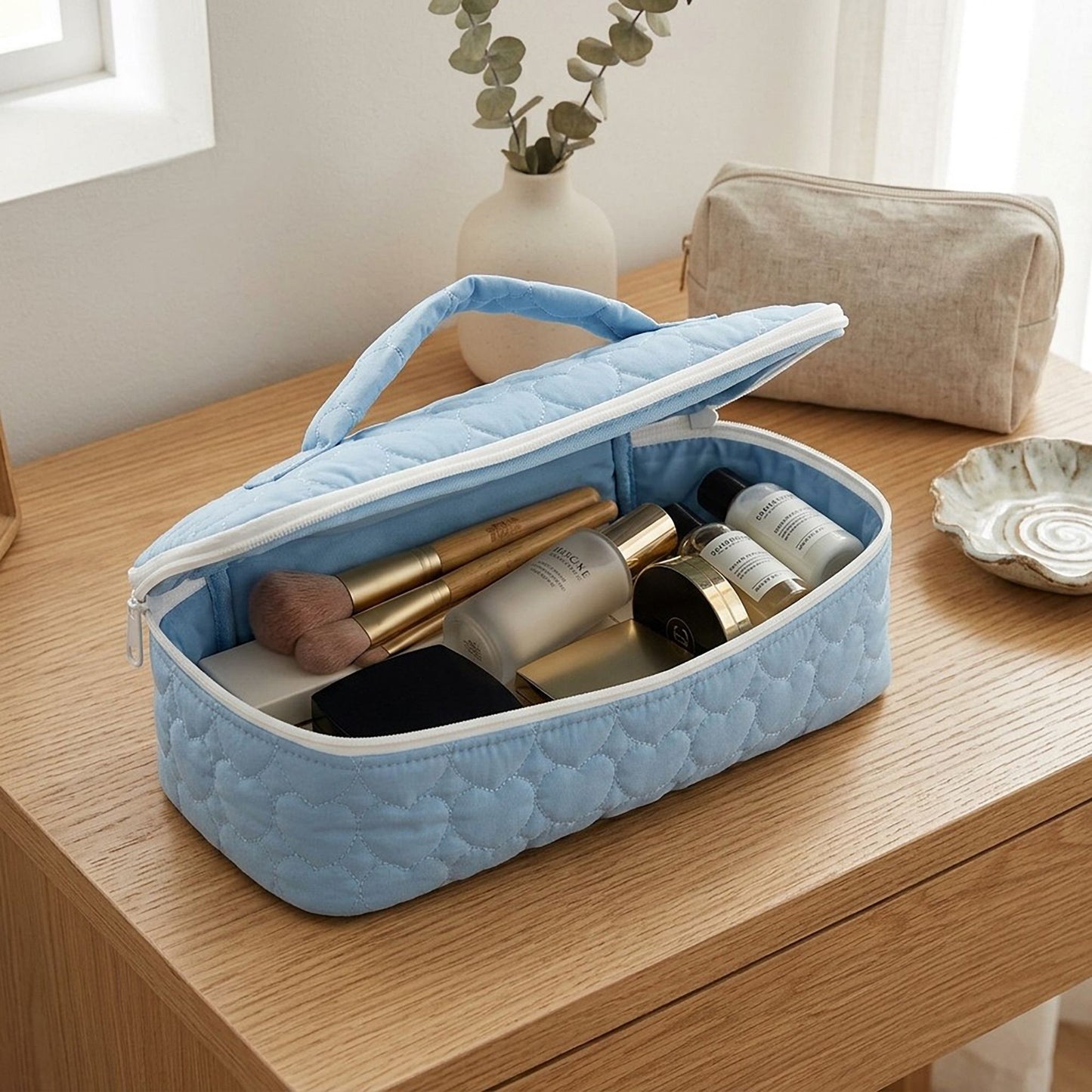 Heart Quilted Travel Makeup Bag with Carry Handle