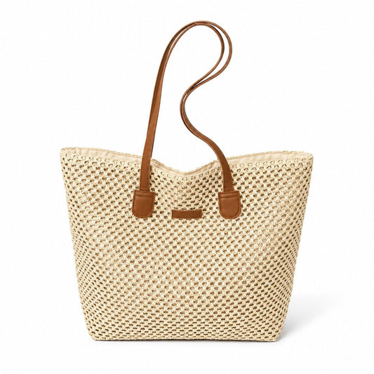 Woven Straw Tote Bag Faux Leather Handles Large Capacity Shoulder Handbag for Everyday Use