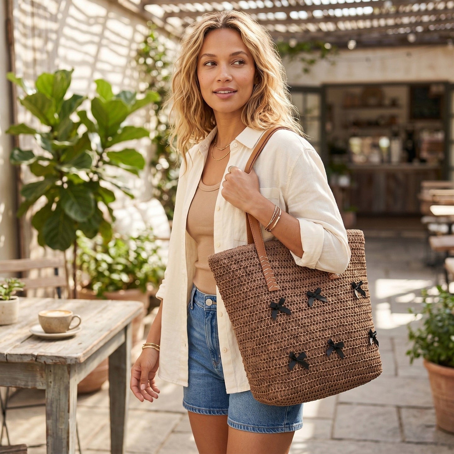 Woven Crochet Tote Bag with Bow Detail Leather Strap Shoulder Handbag Lightweight Knit Large Tote