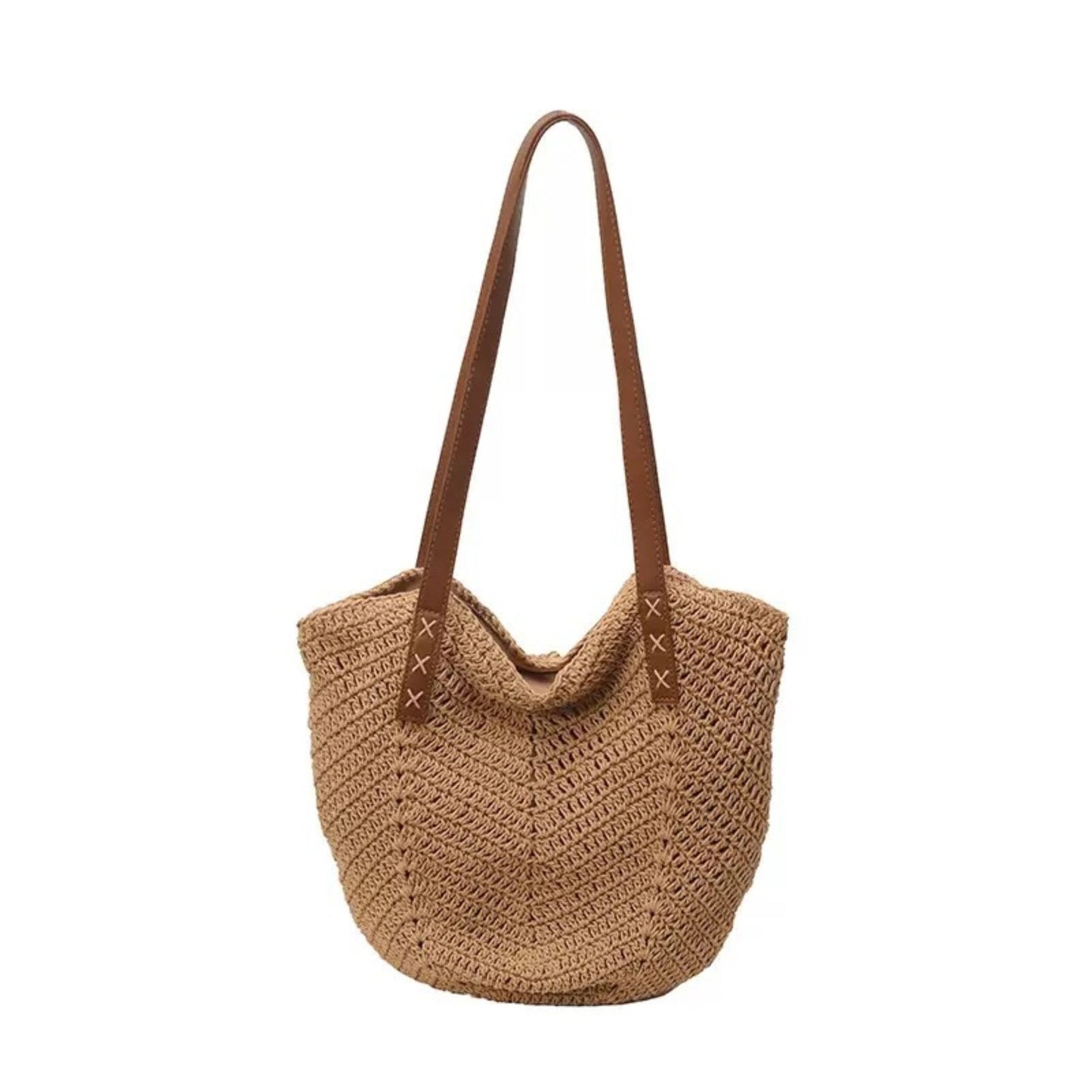 Cotton Crochet Woven Tote Bag with Shoulder Straps and Inner Pocket