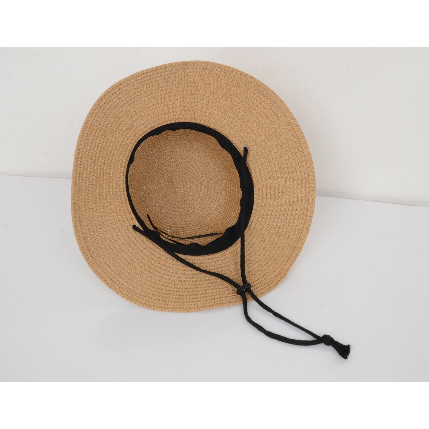 Wide Brim Straw Sun Hat with Chin Strap and Black Cord Detail for Outdoor Protection and Stylish Shade