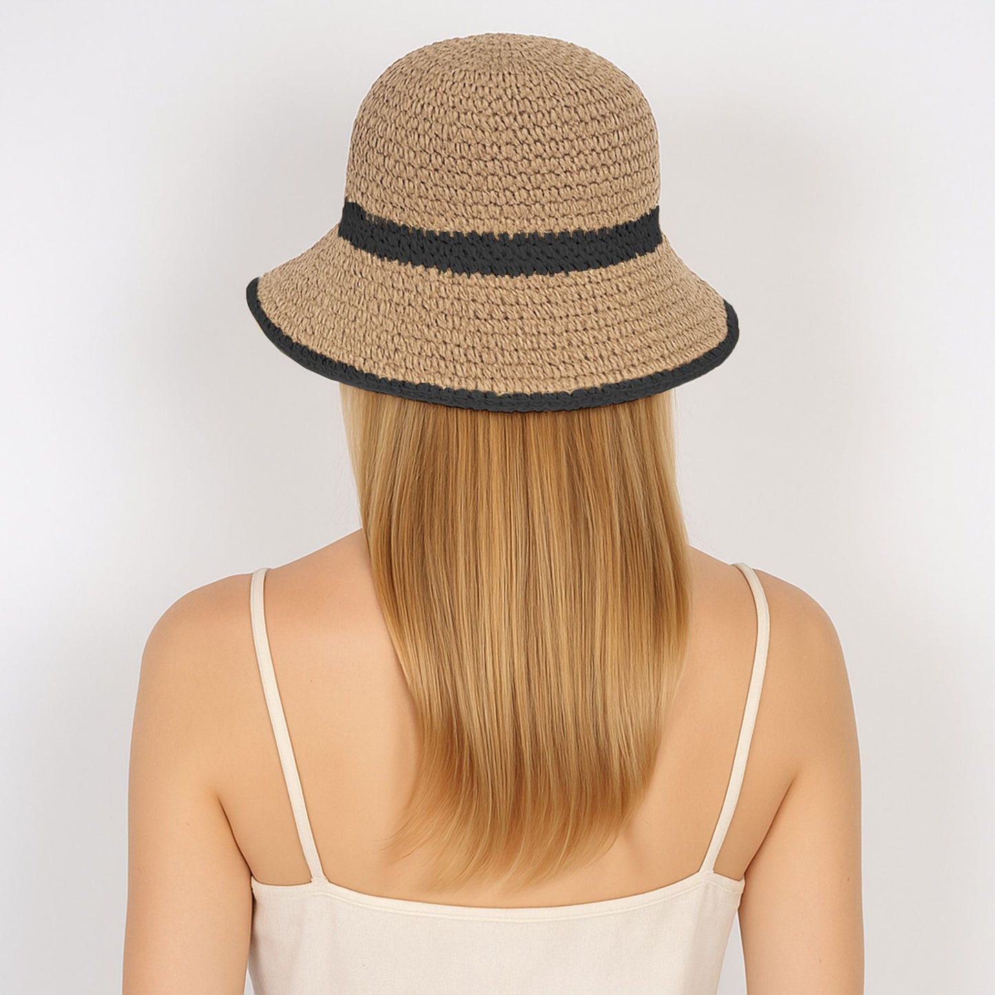 Packable Crochet Straw Bucket Hat with Two-Tone Design Lightweight Summer Sun Hat for Beach Travel Hiking Outdoor Use