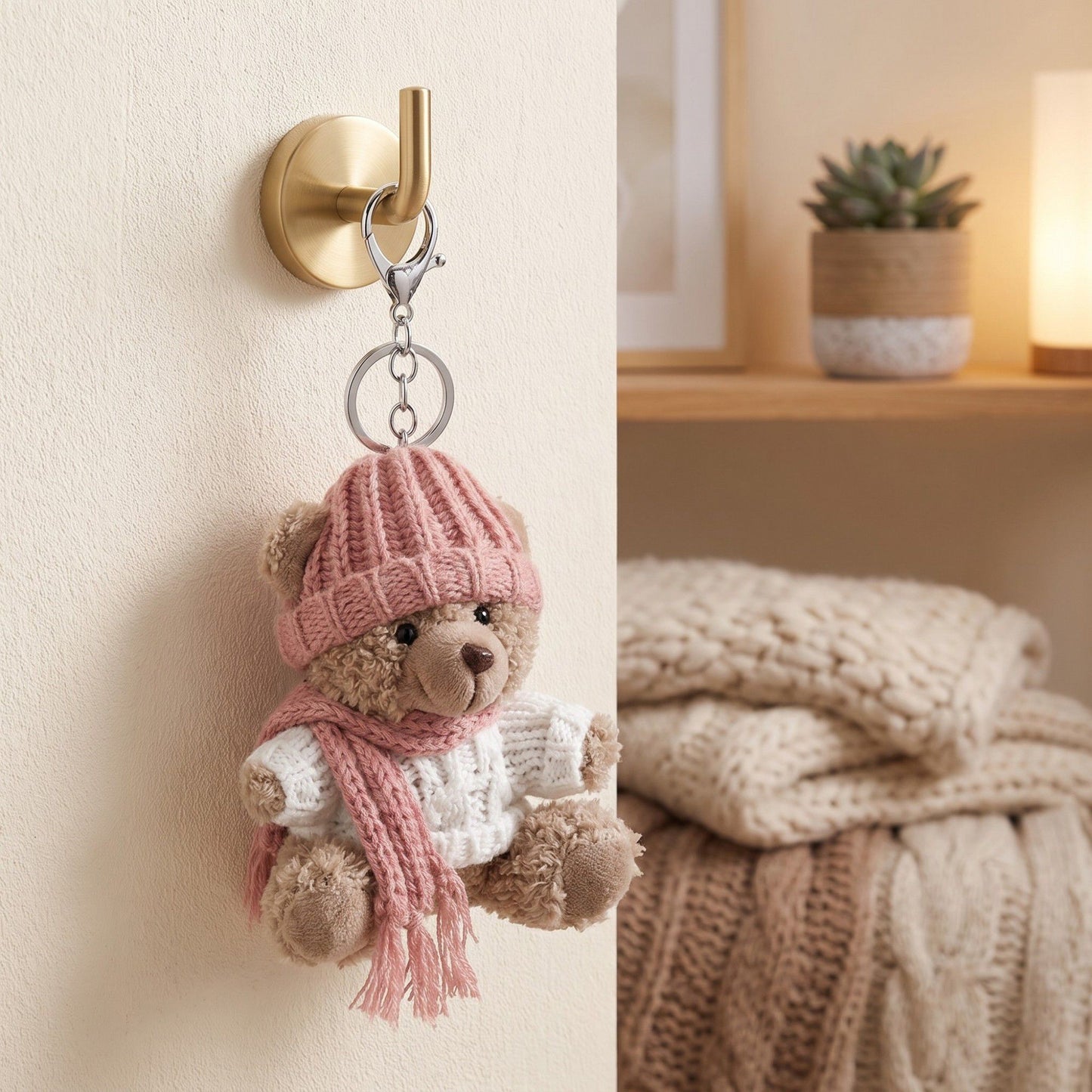 Plush Teddy Bear Keychain Bag Charm with Knit Hat and Scarf