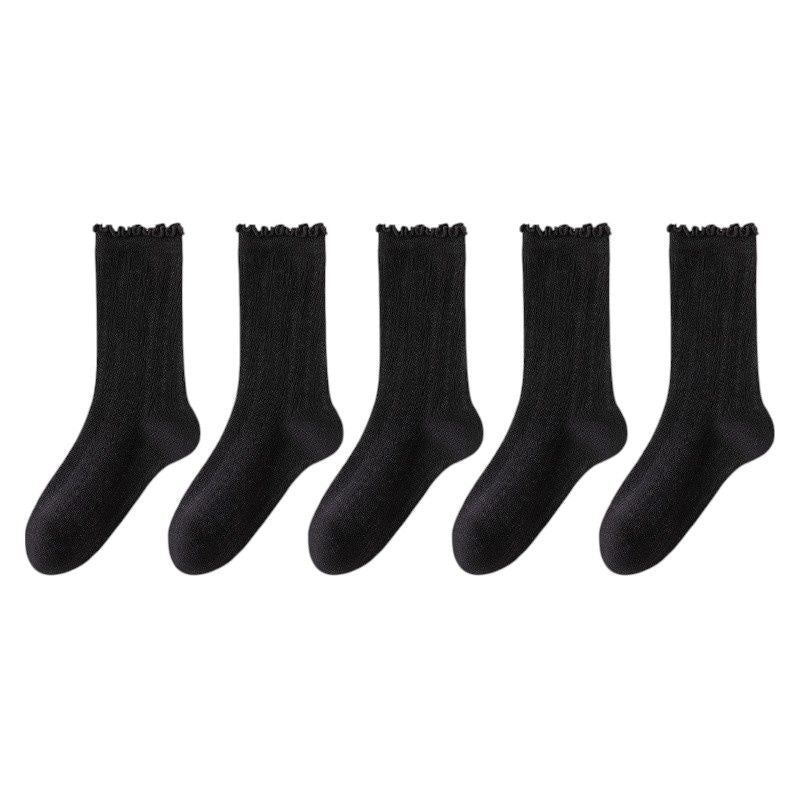 Ribbed Crew Socks with Ruffle Lettuce Trim Soft Stretch Knit Comfortable Everyday 5-Pack