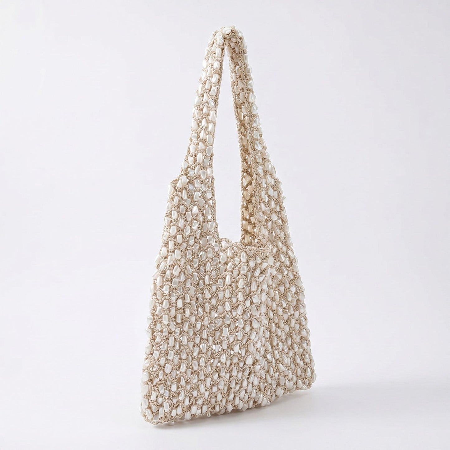 Beaded Shoulder Bag with Macrame Open Weave Double Strap Design