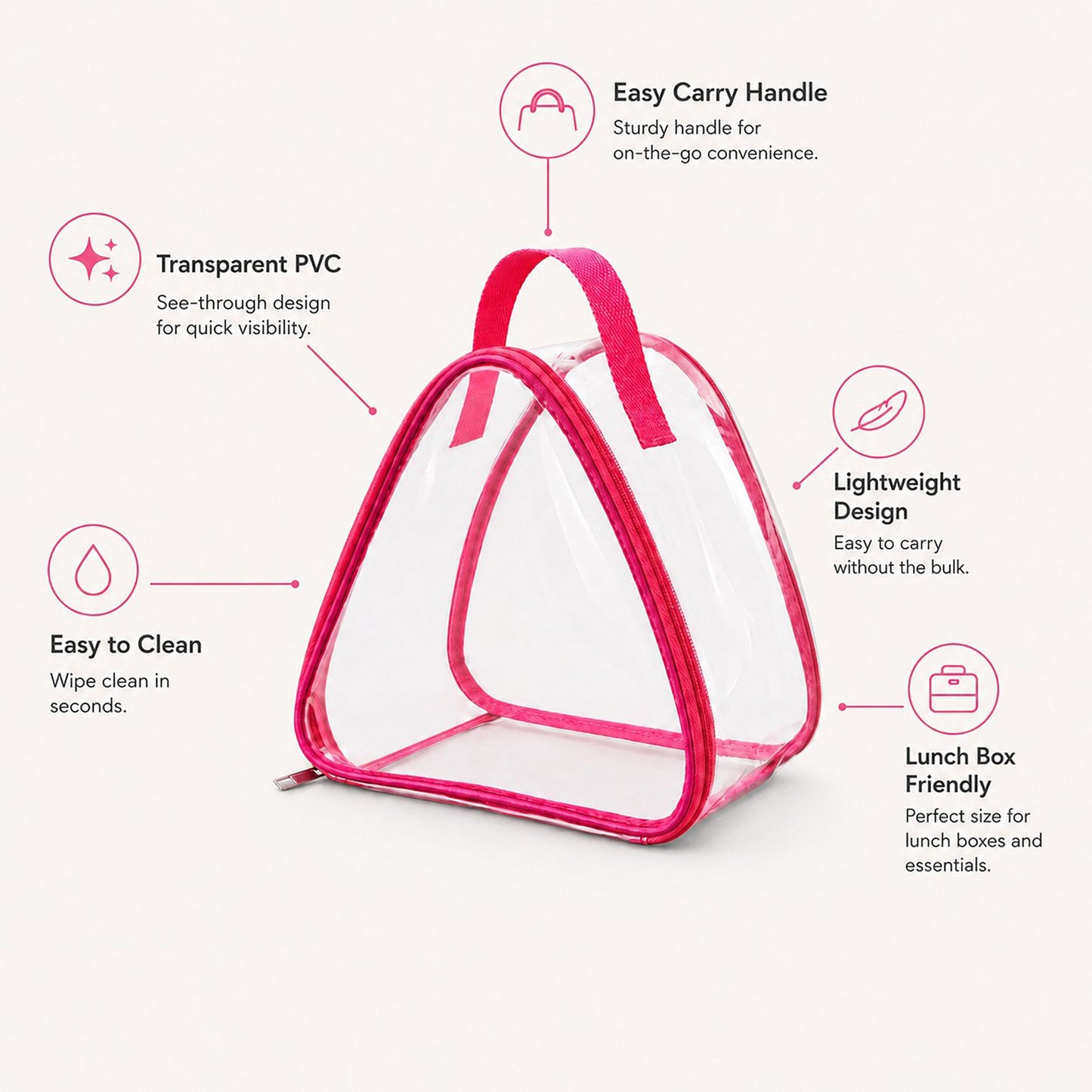 Clear Triangular Lunch Bag with Zipper Closure and Top Handle