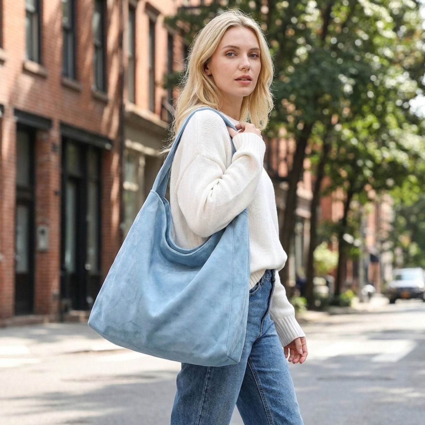 Faux Suede Tote Bag Large Capacity Slouchy Shoulder Bag with Magnetic Closure