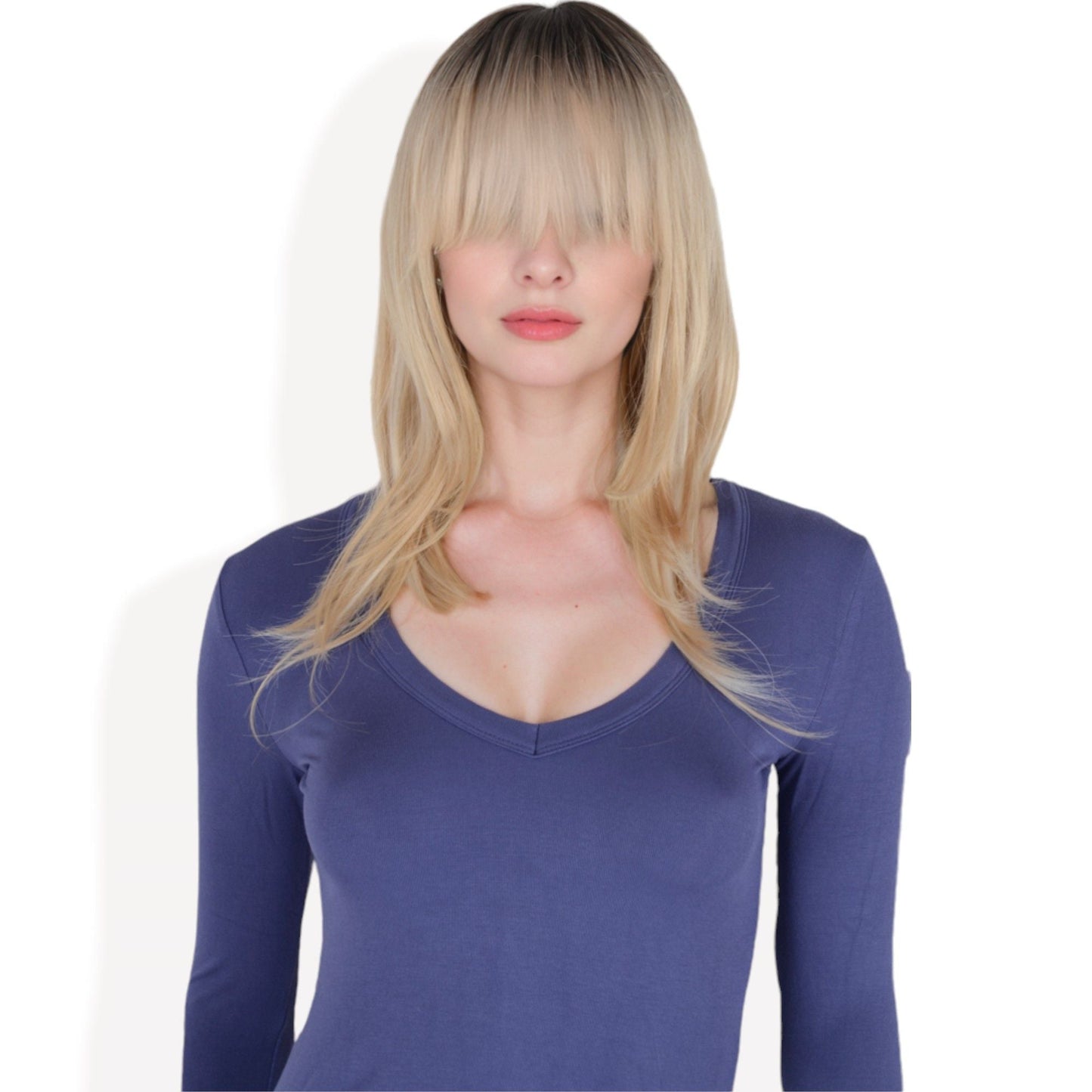 Long Blonde Wig with Curtain Bangs and Dark Roots  Heat Resistant Synthetic Layered Wig for Women