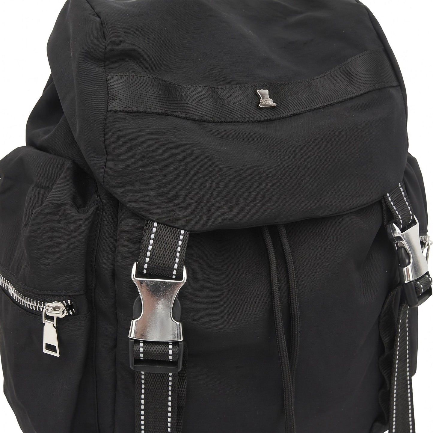 Flap Drawstring Backpack with Dual Buckle Straps and Zippered Side Pockets