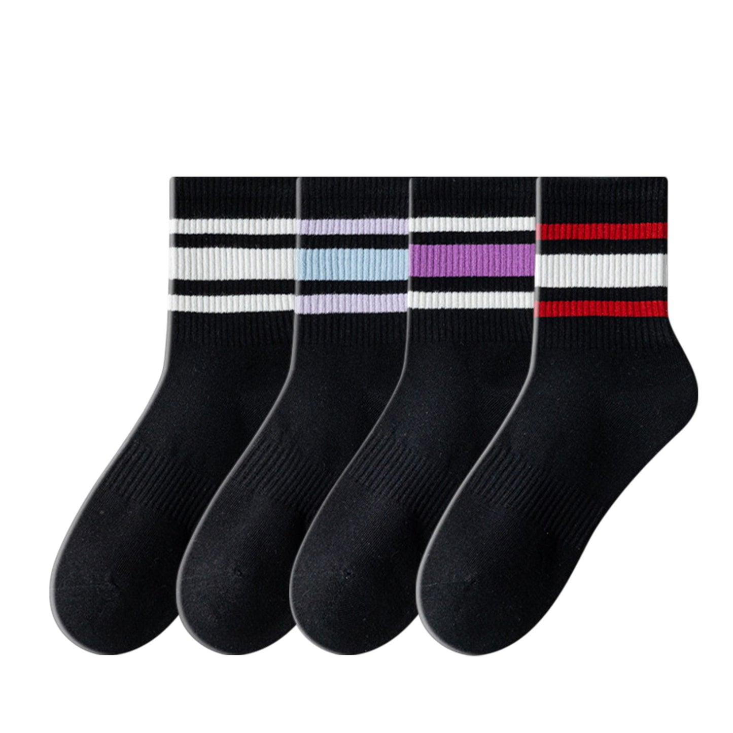 Crew Socks 4-Pack White Base Colorful Ribbed Cuff Striped Design Stretch Comfort Breathable Fit
