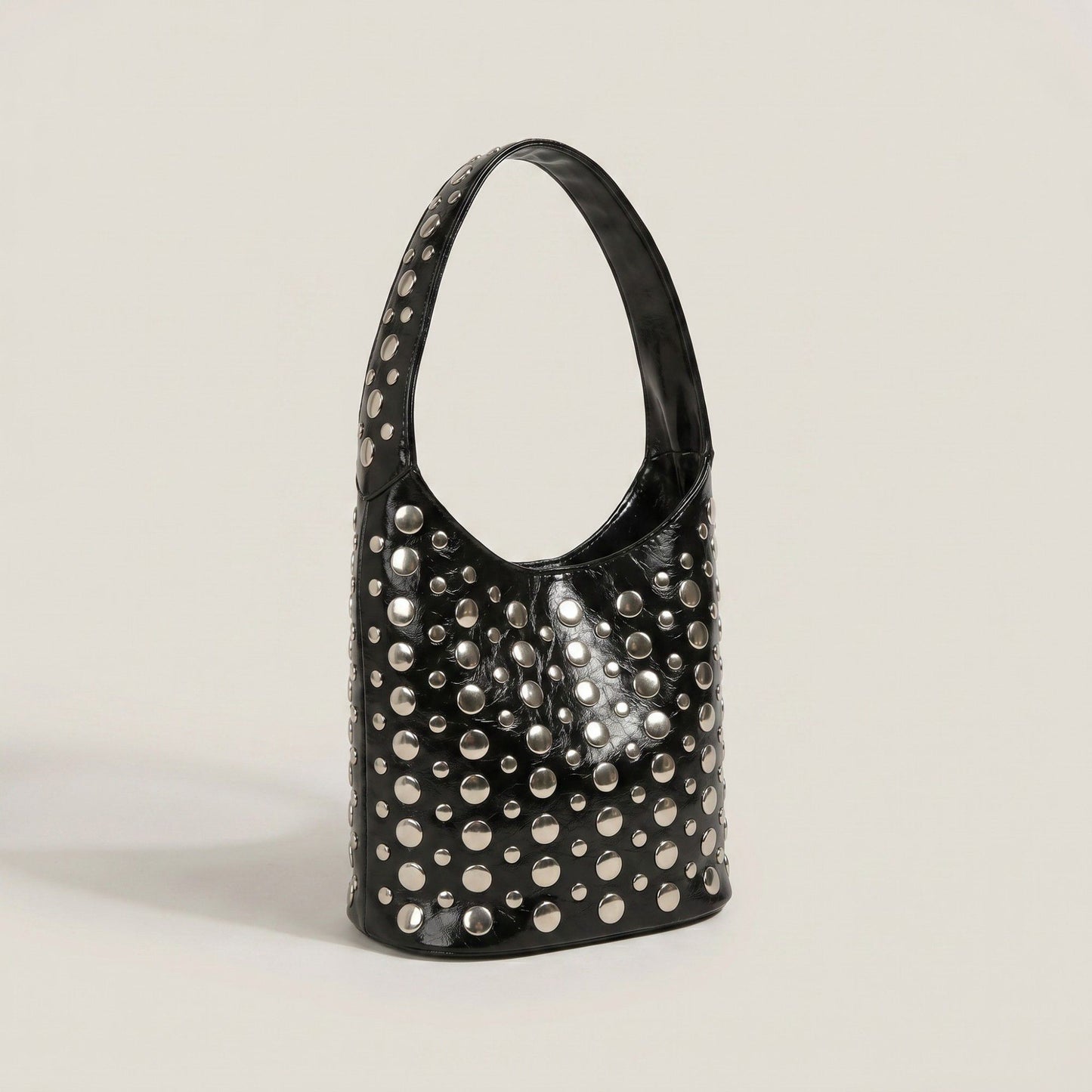 Studded Bucket Shoulder Bag with Glossy Finish Wide Strap Structured Silhouette Fashion Handbag 9.5x8.5x5 in