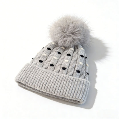 Knit Beanie with Large Faux Fur Pom-Pom - Winter Hat with Embroidered Accents