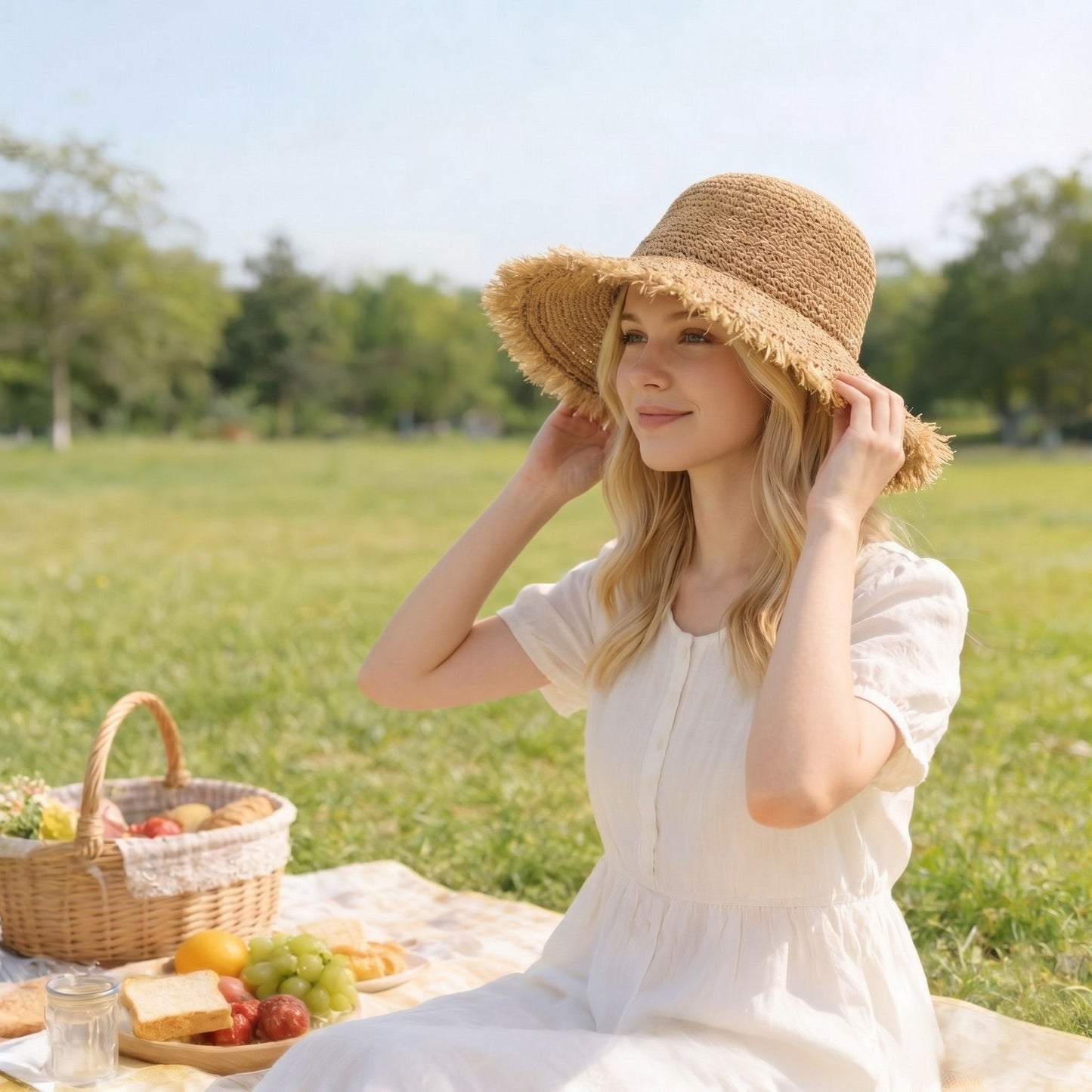 Straw Bucket Hat Frayed Edge Wide Brim Sun Hat Summer Beach UV Protection Cap