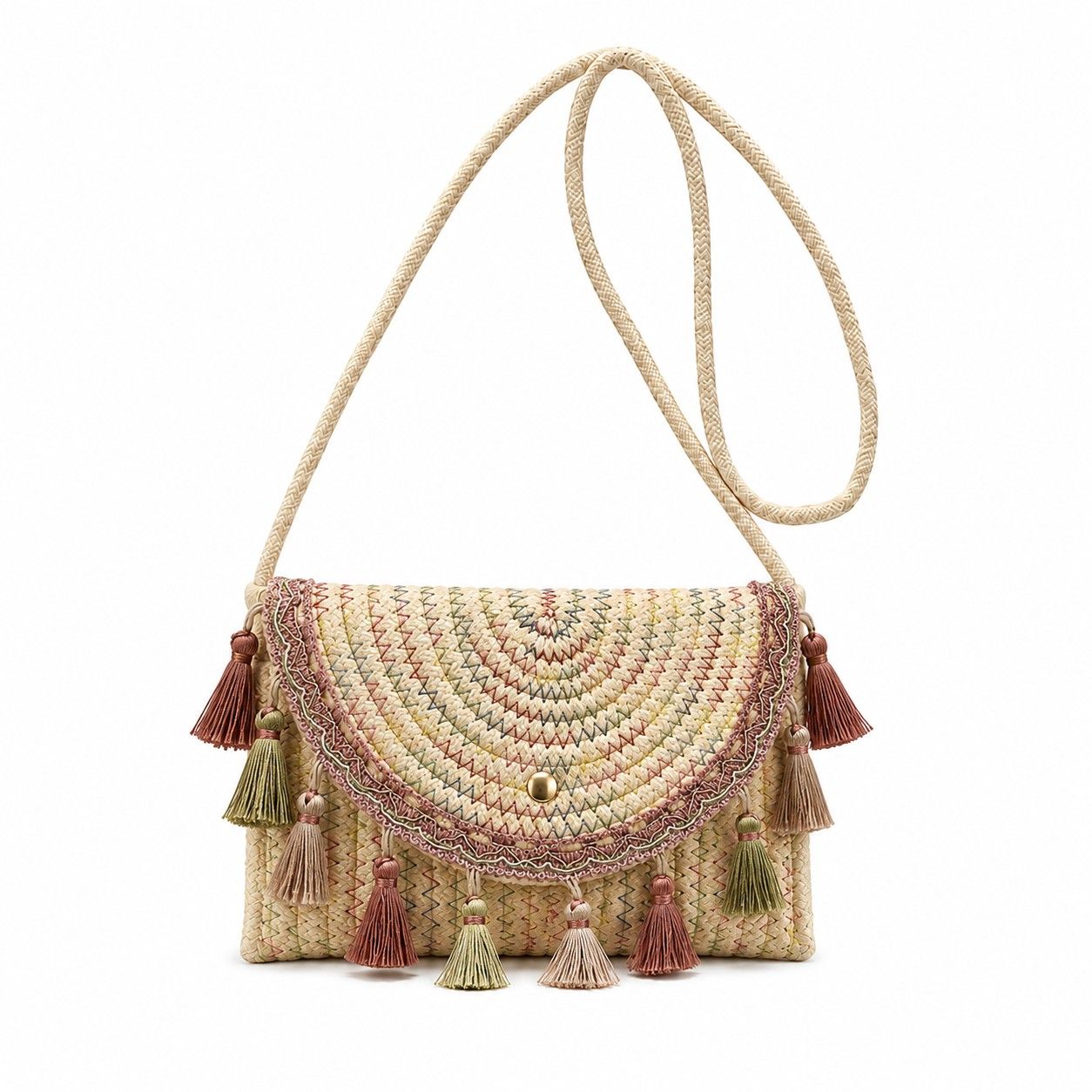 Boho Woven Fabric Crossbody Bag with Tassel Trim and Magnetic Closure