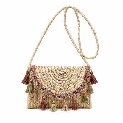 Boho Woven Fabric Crossbody Bag with Tassel Trim and Magnetic Closure