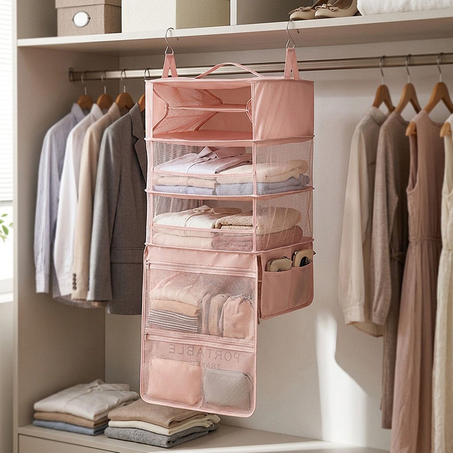 Hanging Travel Organizer with Shelves and Zippered Pockets