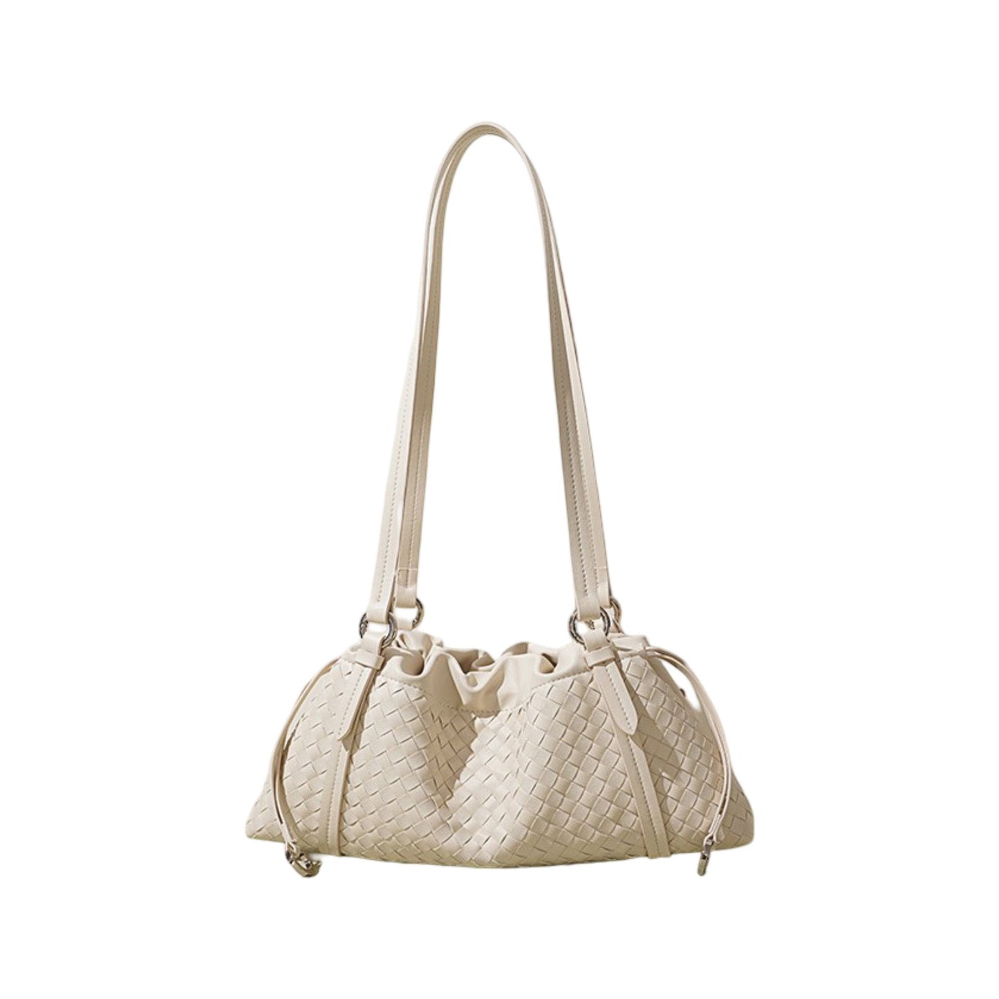 Woven Leather Shoulder Satchel with Ruched Top Detail Long Straps and Slouchy Shape