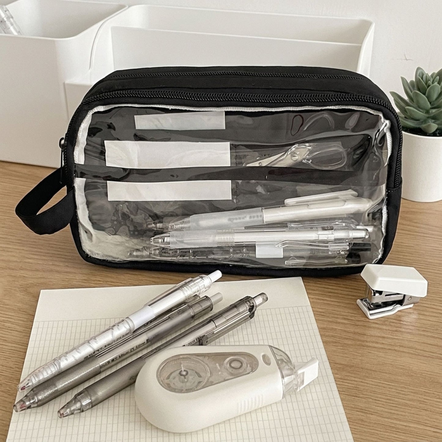 Large Capacity Clear Pencil Case Double Compartment Zipper Pouch with Handle