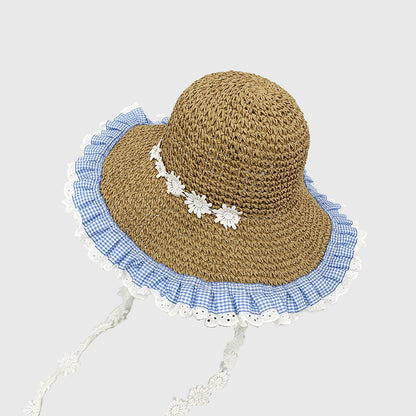 Straw Sun Hat with Gingham & Lace Trim