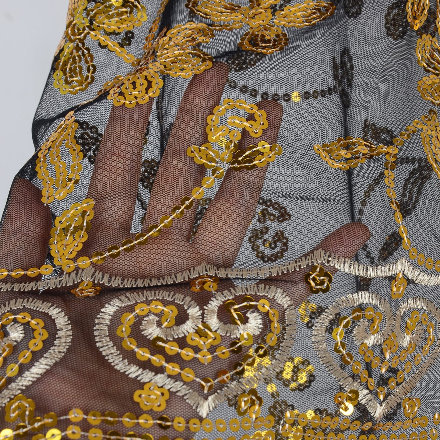 Embroidered Sequin Mesh Shawl Wrap Sheer Floral Scarf Scalloped Edge