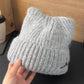 Cat Ear Knit Beanie - Fluffy Faux Fur Hat with Bow Embroidery