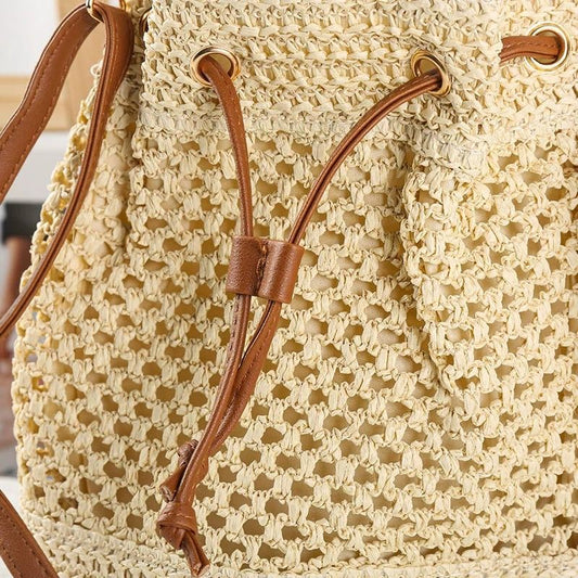 Woven Paper Fiber Bucket Bag Adjustable Strap Crochet Shoulder Handbag with Drawstring Closure