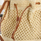 Woven Paper Fiber Bucket Bag Adjustable Strap Crochet Shoulder Handbag with Drawstring Closure