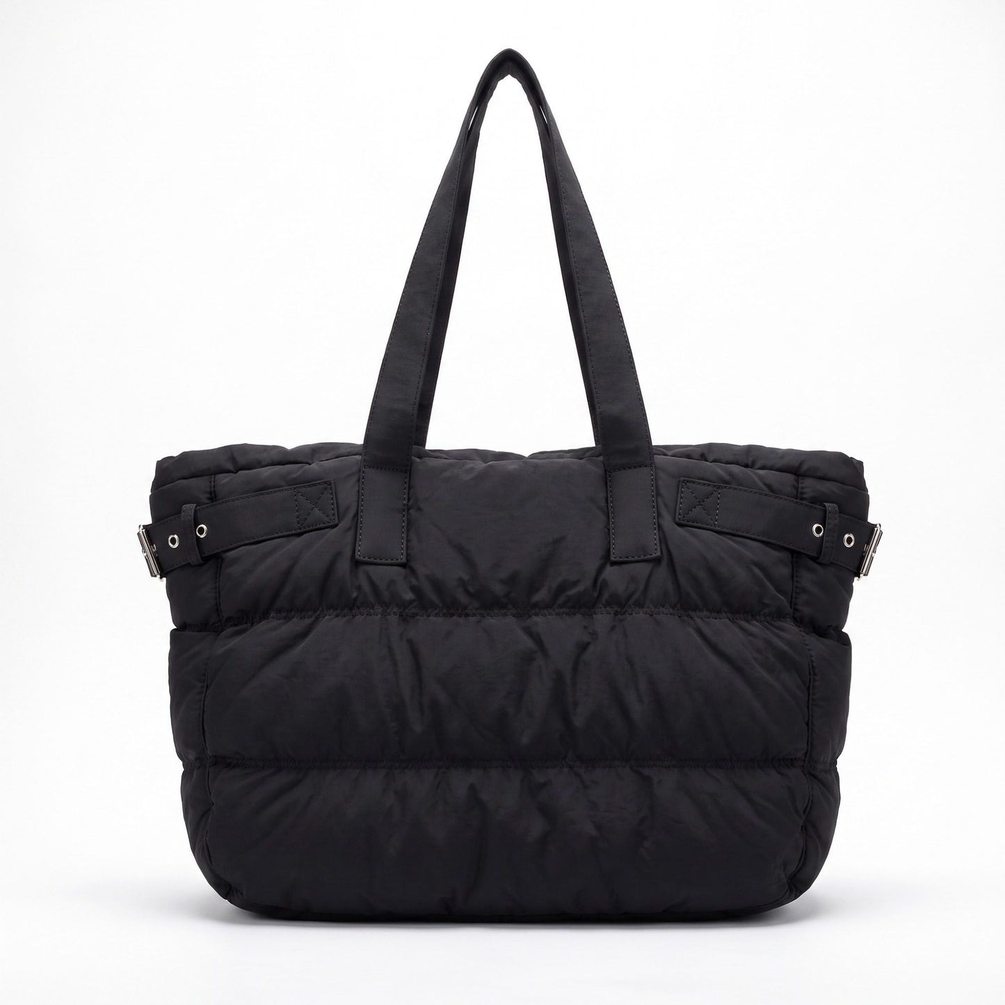 Oversized Puffer Tote Bag with Long Shoulder Straps and Side Buckle Details 13.5x14x4.5in