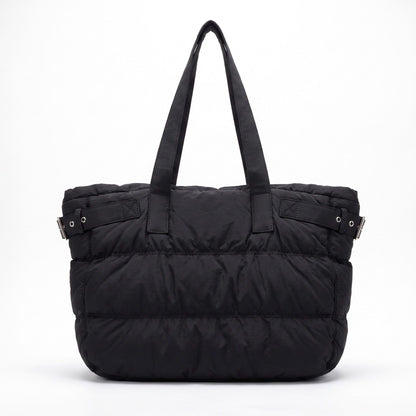 Oversized Puffer Tote Bag with Long Shoulder Straps and Side Buckle Details 13.5x14x4.5in