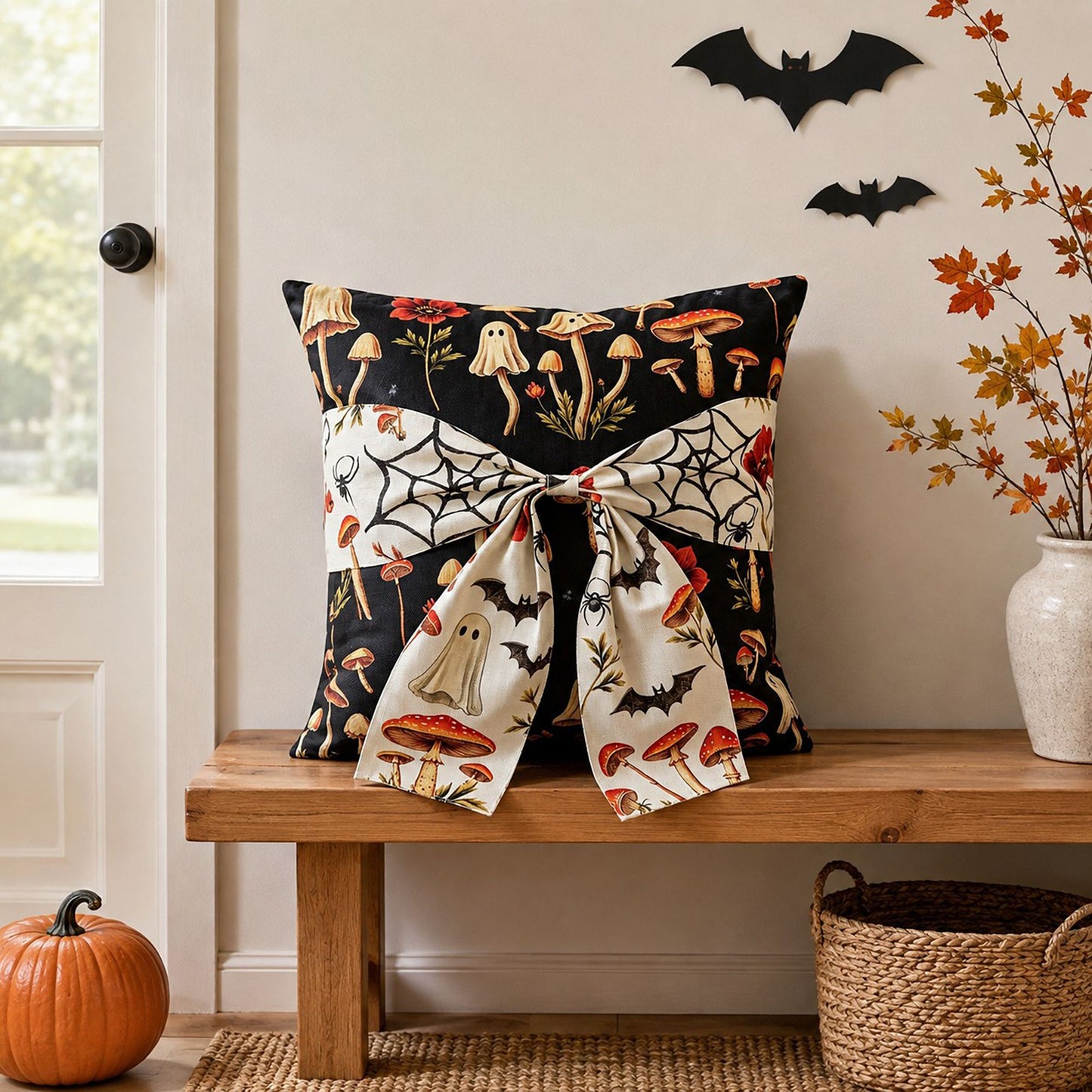 Halloween Throw Pillow Cover with Decorative Bow 18 x 18 Inch
