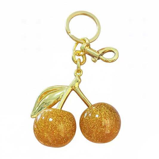Cherry Charm Keychain with Glitter Fruit Pendant Gold Tone Clip and Key Ring Bag Accessory