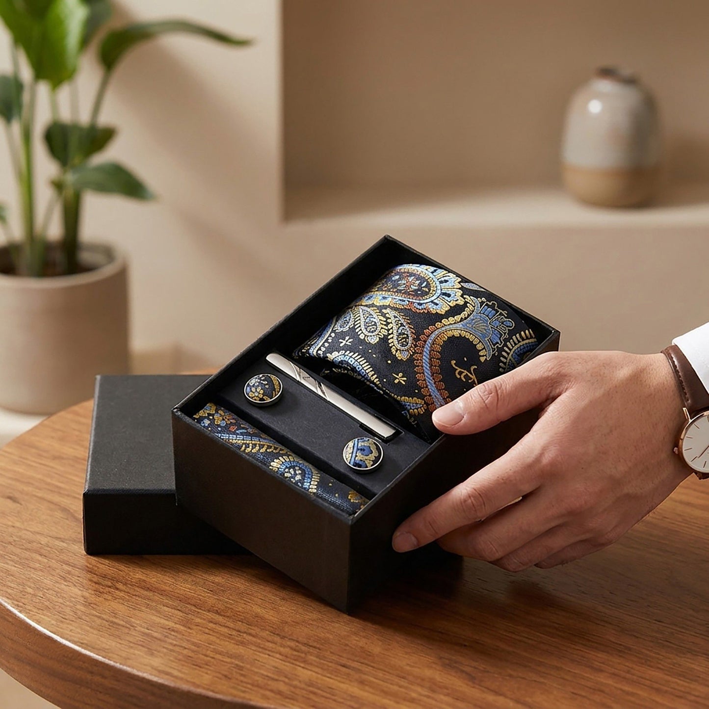 Men's Paisley Pattern Tie Gift Set with Matching Pocket Square Cufflinks and Silver Tie Clip