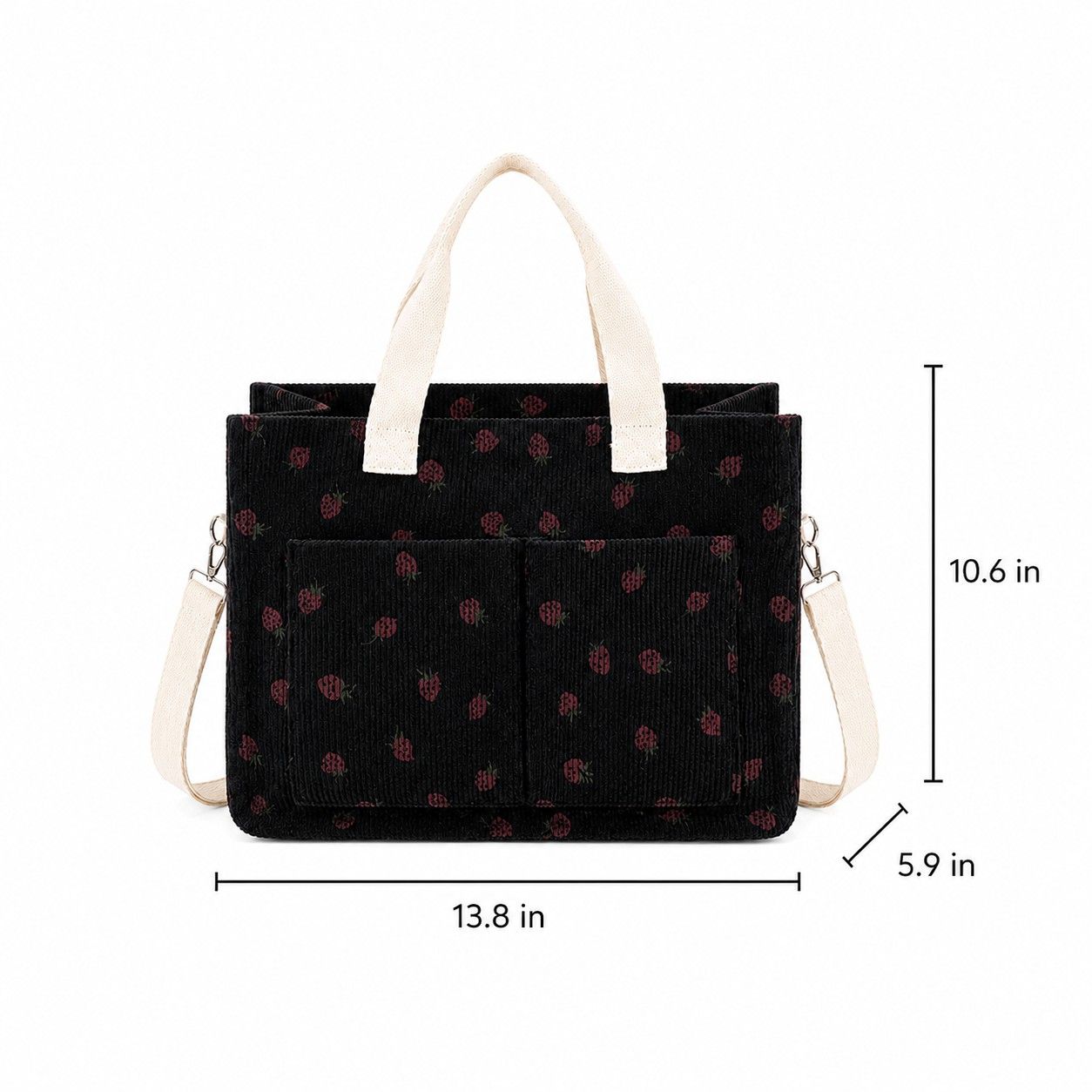 Canvas Strawberry Print Tote Bag with Shoulder Strap and Side Pockets