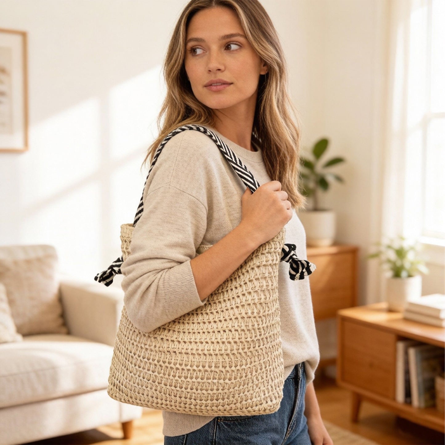 Woven Crochet Tote Bag with Drawstring Detail and Pattern Strap Shoulder Handbag Lightweight Knit Bag