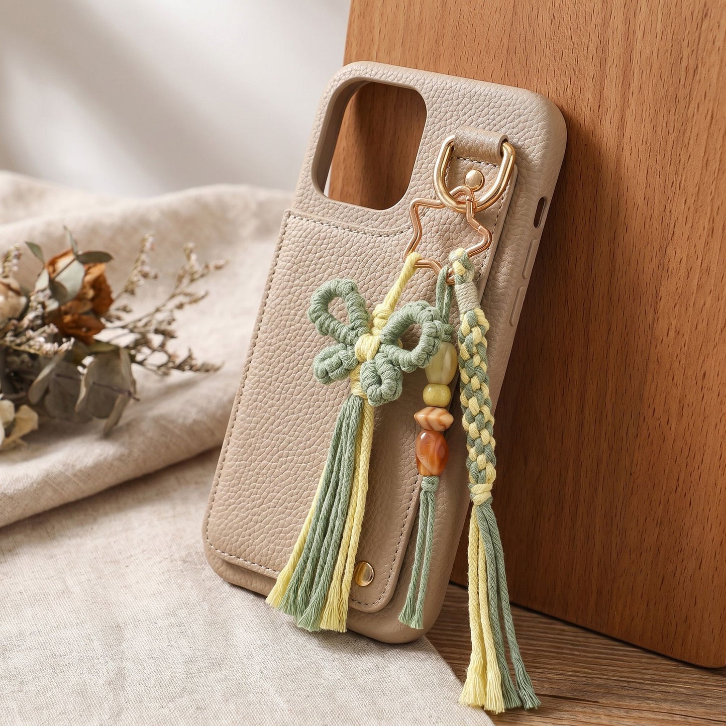 Green Macrame Flower Bag Charm with Beads Tassels Braided Cord and Star Clip