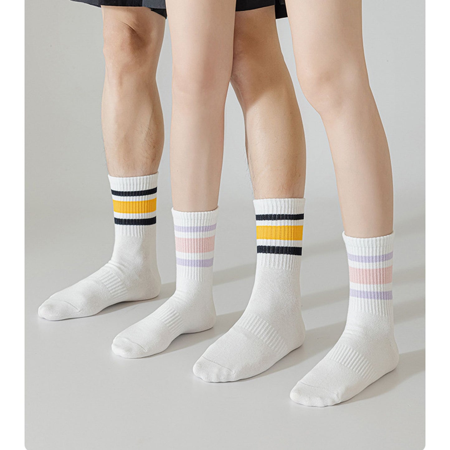 Crew Socks 4-Pack White Base Colorful Ribbed Cuff Striped Design Stretch Comfort Breathable Fit