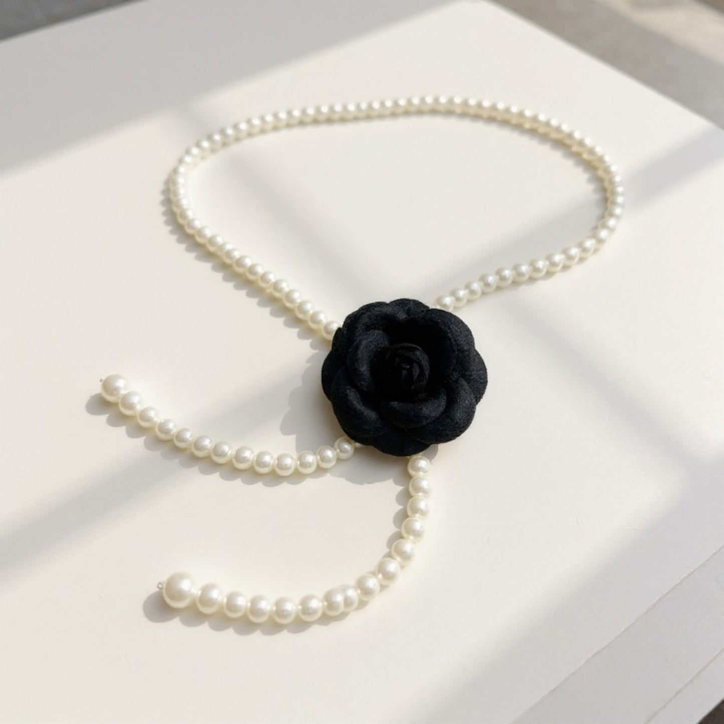 Faux Pearl Beaded Belt with Fabric Rose Accent and Drop Strand Detail 49in