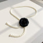 Faux Pearl Beaded Belt with Fabric Rose Accent and Drop Strand Detail 49in