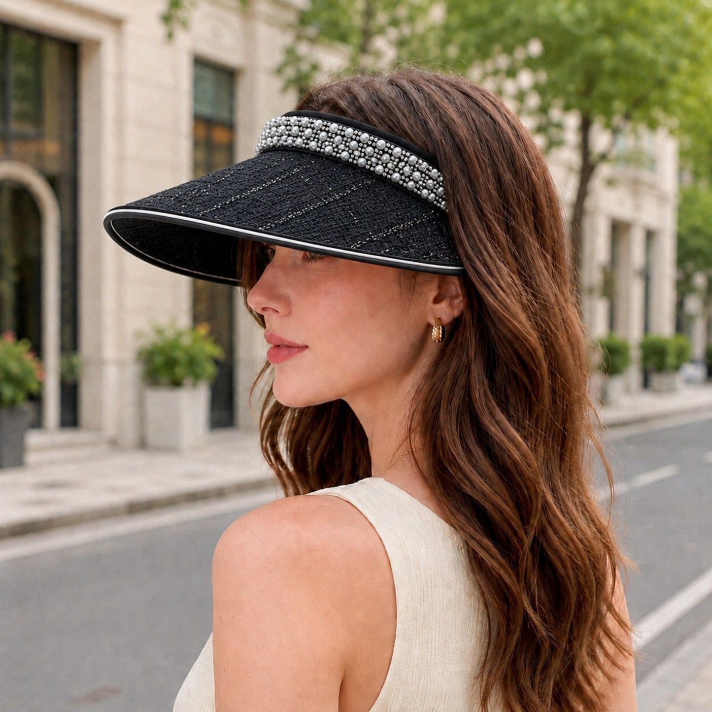 Wide Brim Visor Hat with Faux Pearl Embellished Band and Open Top Design
