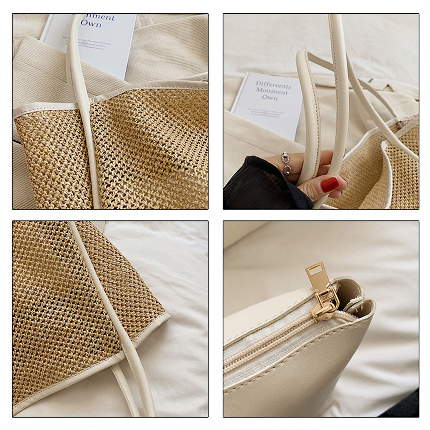 Woven Straw Tote Bag with Shoulder Straps Lightweight Crochet Knit Tote with Pouch