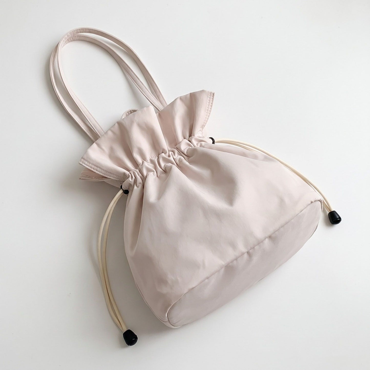 Drawstring Bucket Bag with Double Top Handles and Ruched Opening 11x9x4.5in
