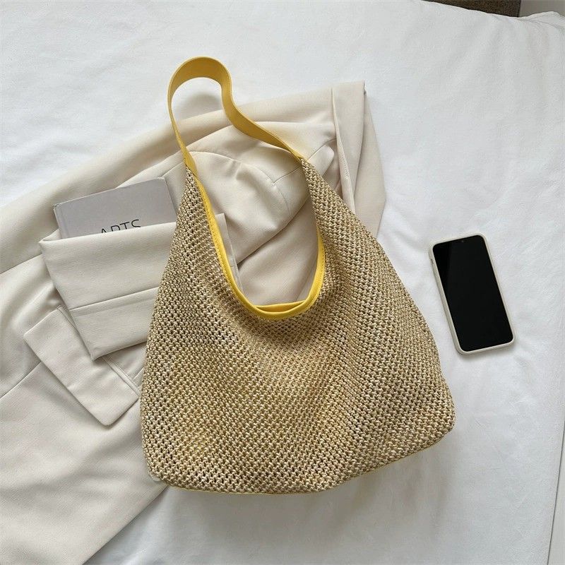 Woven Straw Hobo Shoulder Bag with Smooth Strap Lightweight Crochet Knit Slouchy Tote Bag