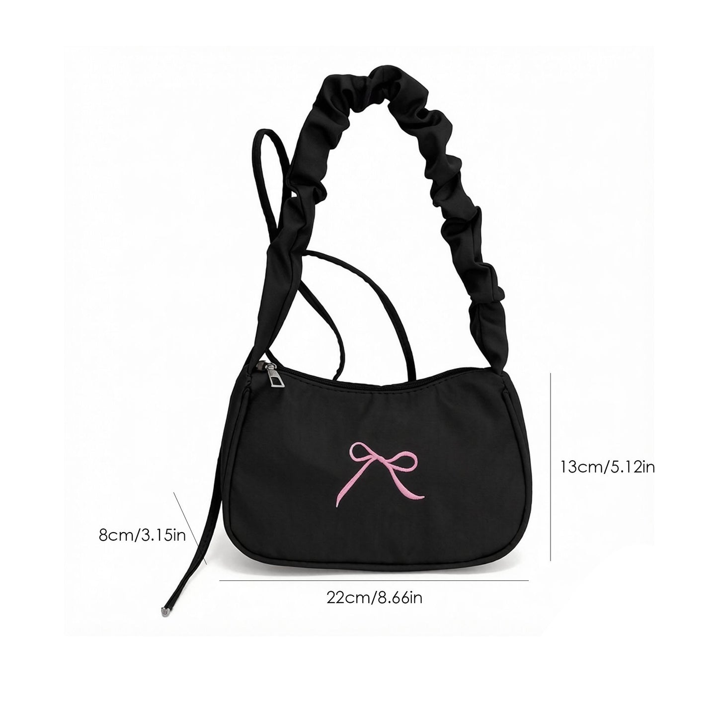 Small Bow Embroidered Shoulder Bag with Ruched Strap and Zip Closure