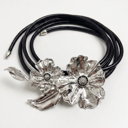 Dual Poppy Flower Leather Waist Belt Adjustable Floral Statement Waist Jewelry 43.3in