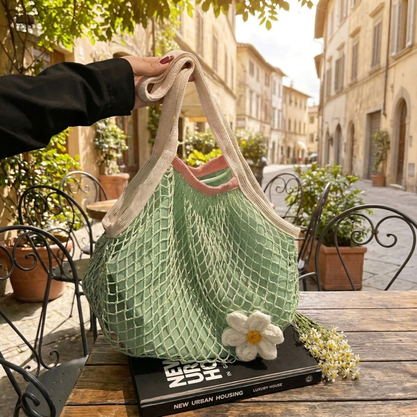 Crochet Style Net Tote Bag with Daisy Accent and Shoulder Straps
