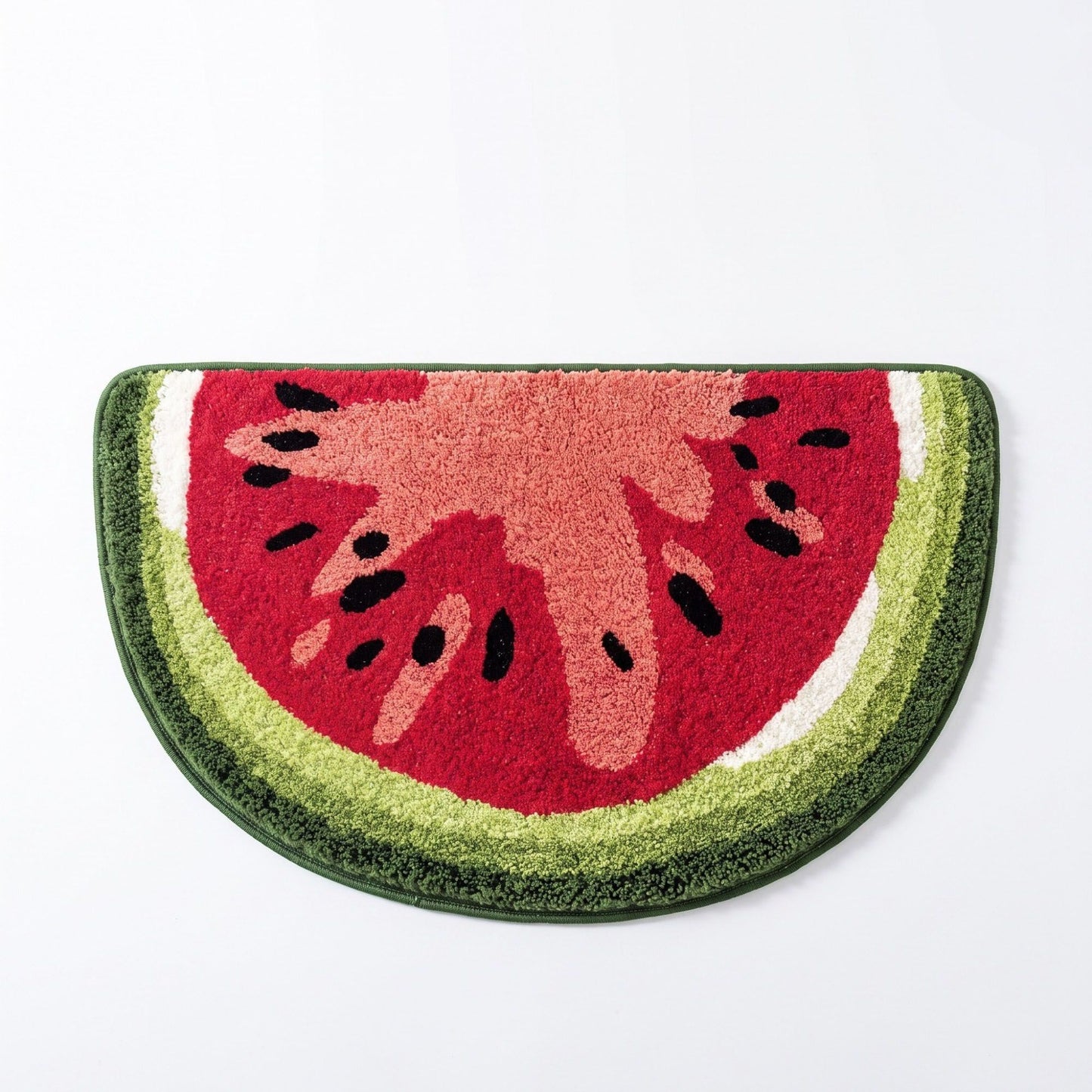 Kiwi Fruit Slice Plush Semicircle Bathroom Mat with Green Tufted Design