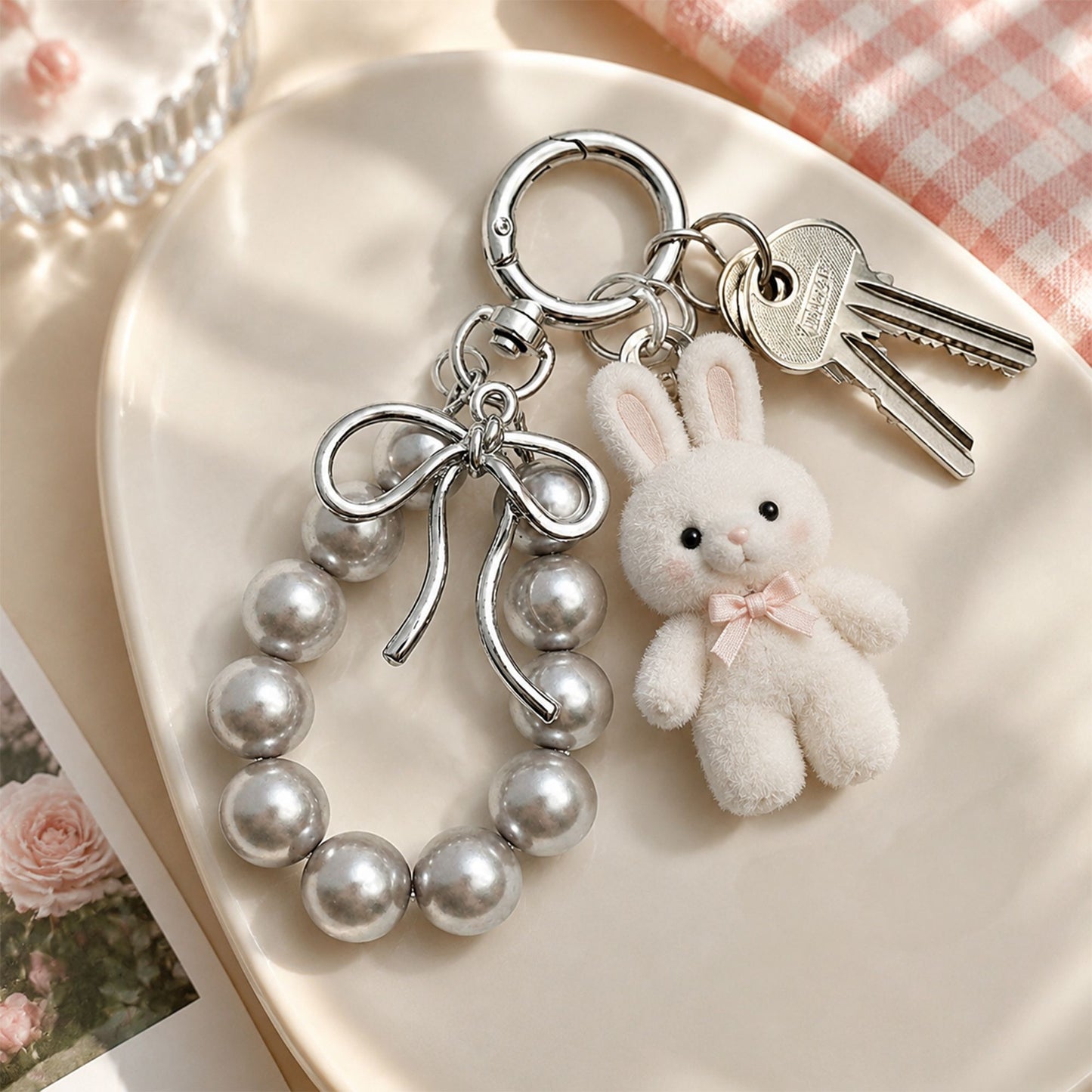 Beaded Bow Keychain with Round Bead Loop and Metal Clip Bag Charm