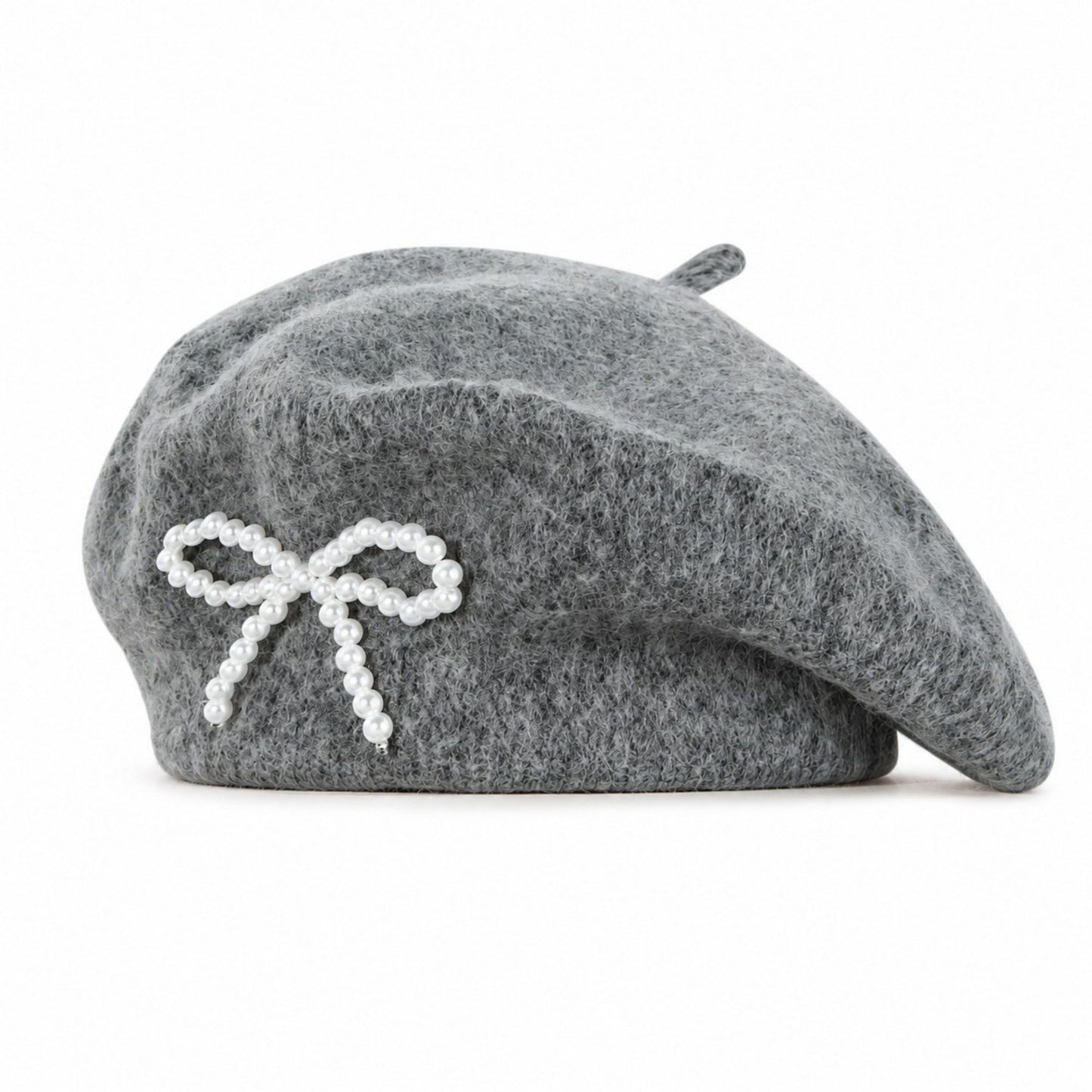 Pearl Bow Embellished Knit Wool Beret